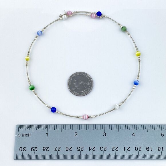 Memory Wire Multicolor Cat's Eye Choker Necklace | Sterling Silver 925 | 15.5" - Picture 3 of 4